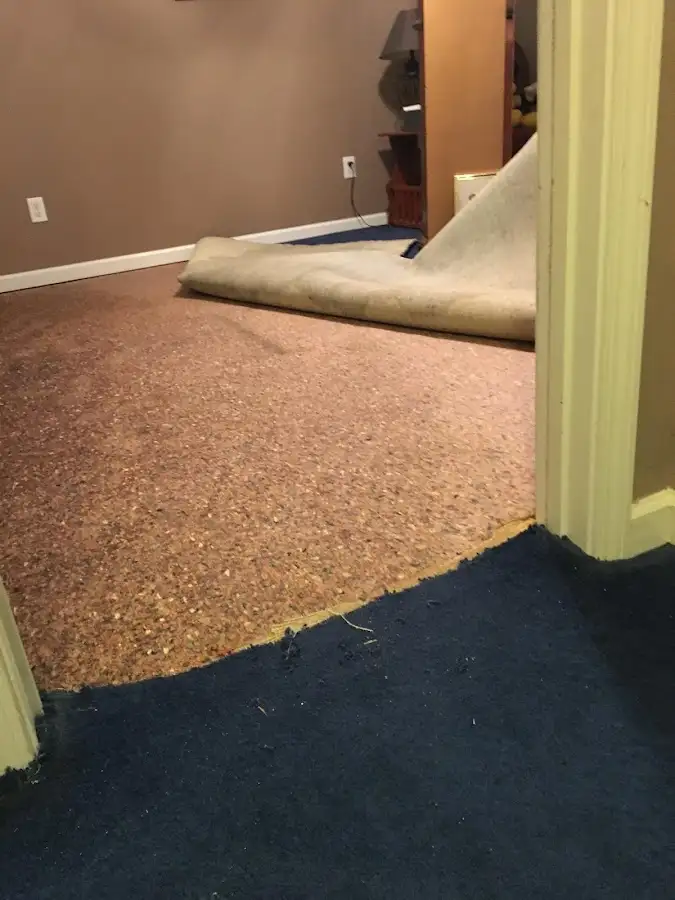 Carpet pad removal revealing water damage during Water Mitigation Services in De Soto